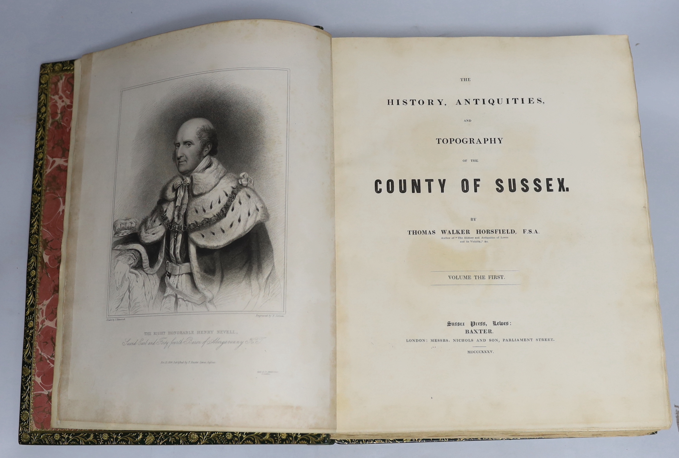 SUSSEX - Horsfield, Rev. Thomas Walker - The History, Antiquities, and Topography of the County of Sussex, 1st edition, 2 vols, 4to, with frontis portrait of the Rt. Hon. Henry Nevell, 2 folding maps (both repaired on re